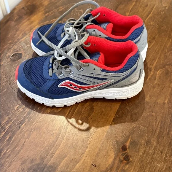 Saucony Kids Cohesion 14 LTT Blue Red Gray sneakers tennis shoes big boy size 1 - Picture 2 of 6